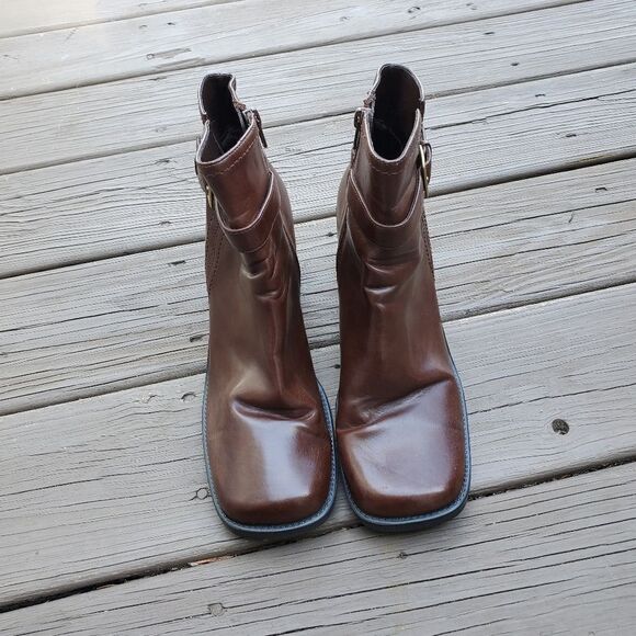 Vintage 90s y2k Bratz Brown Vegan Leather Chunky Heel Square Toe Ankle Boots 9.5 - Picture 4 of 8
